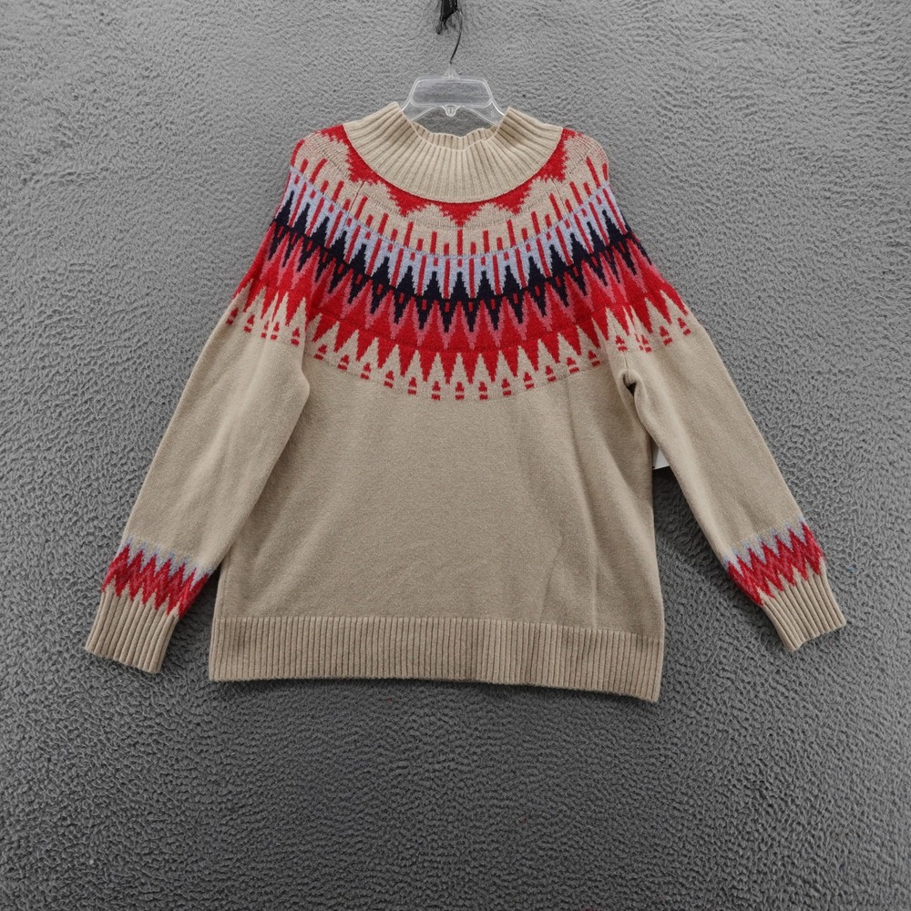 Caslon Womens Beige Fair Isle Mock Neck Sweater Size Large Merino Wool Blend NEW